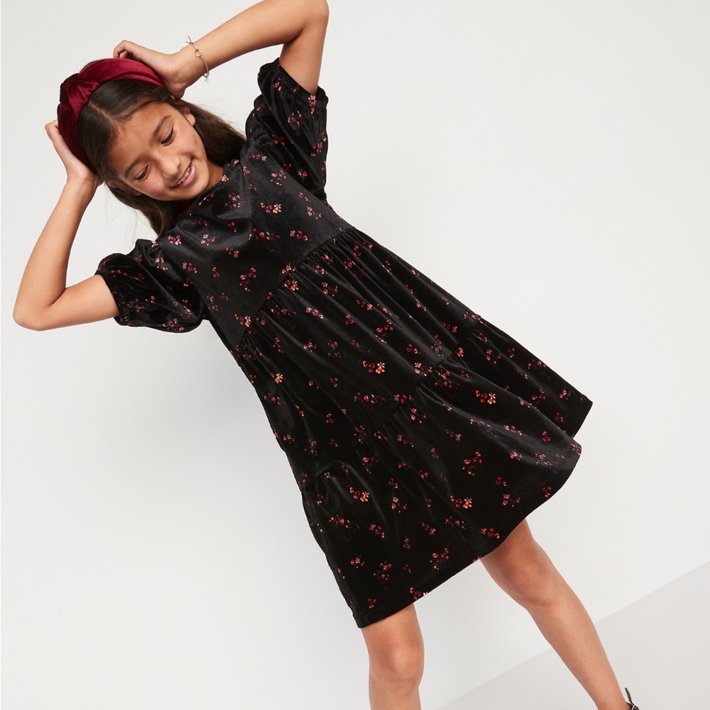 Velvet Tiered Puff-Sleeve Dress for Girls
